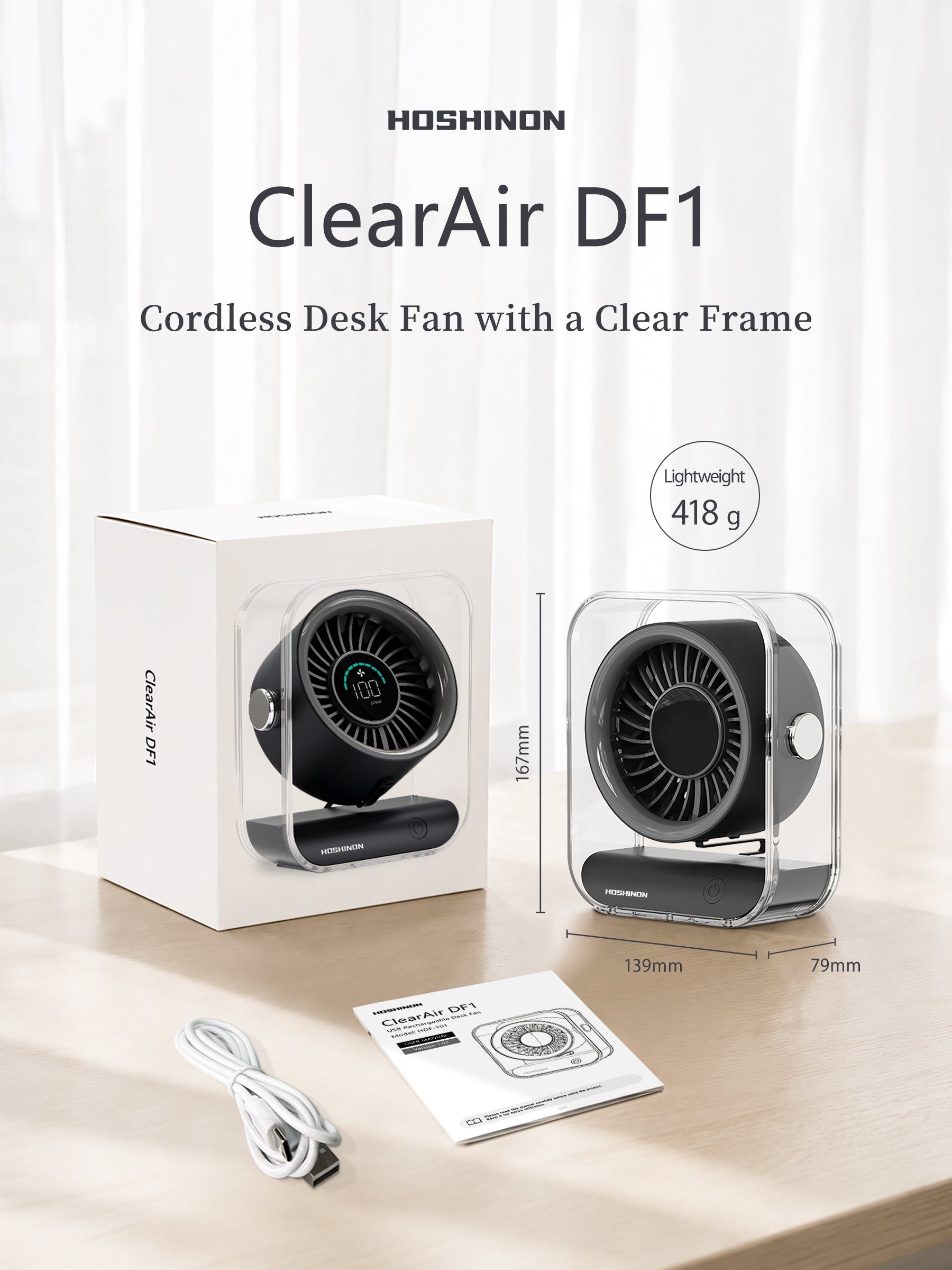 HOSHINON Cordless Desk Fan ClearAir DF1 – Electric Fans for Personal Use